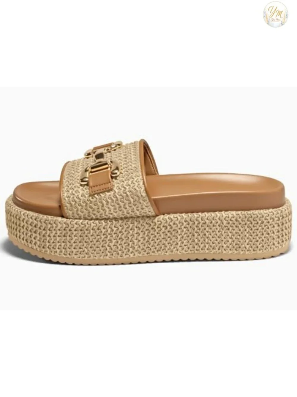 Raffia Platform Espadrille Slide Sandals with Metal Chain, Slip On Open Toe